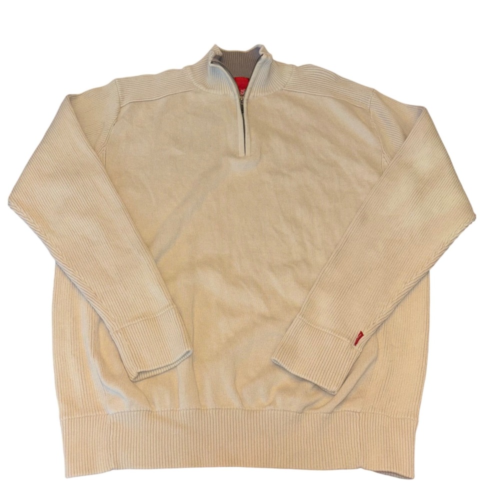 Mens Levi Strauss & Co | Beige Cotton 1/4 Zip | Ribbed Sweater | Size Large